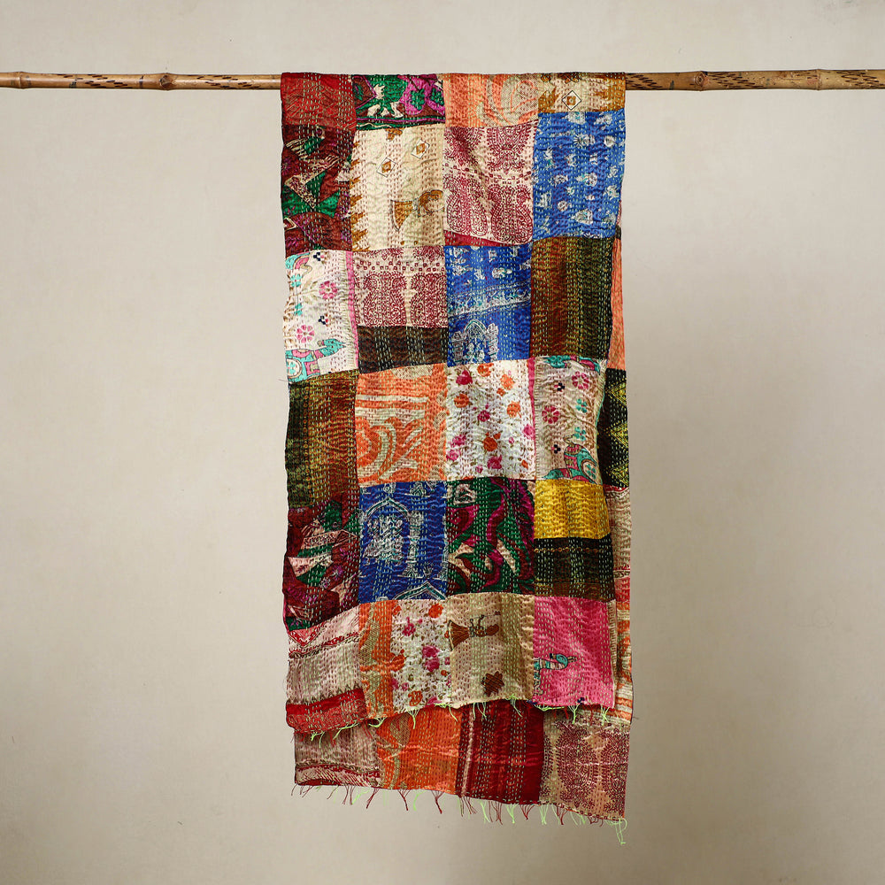 Multicolor - Reversible Patchwork Silk Bengal Kantha Stitch Stole 23