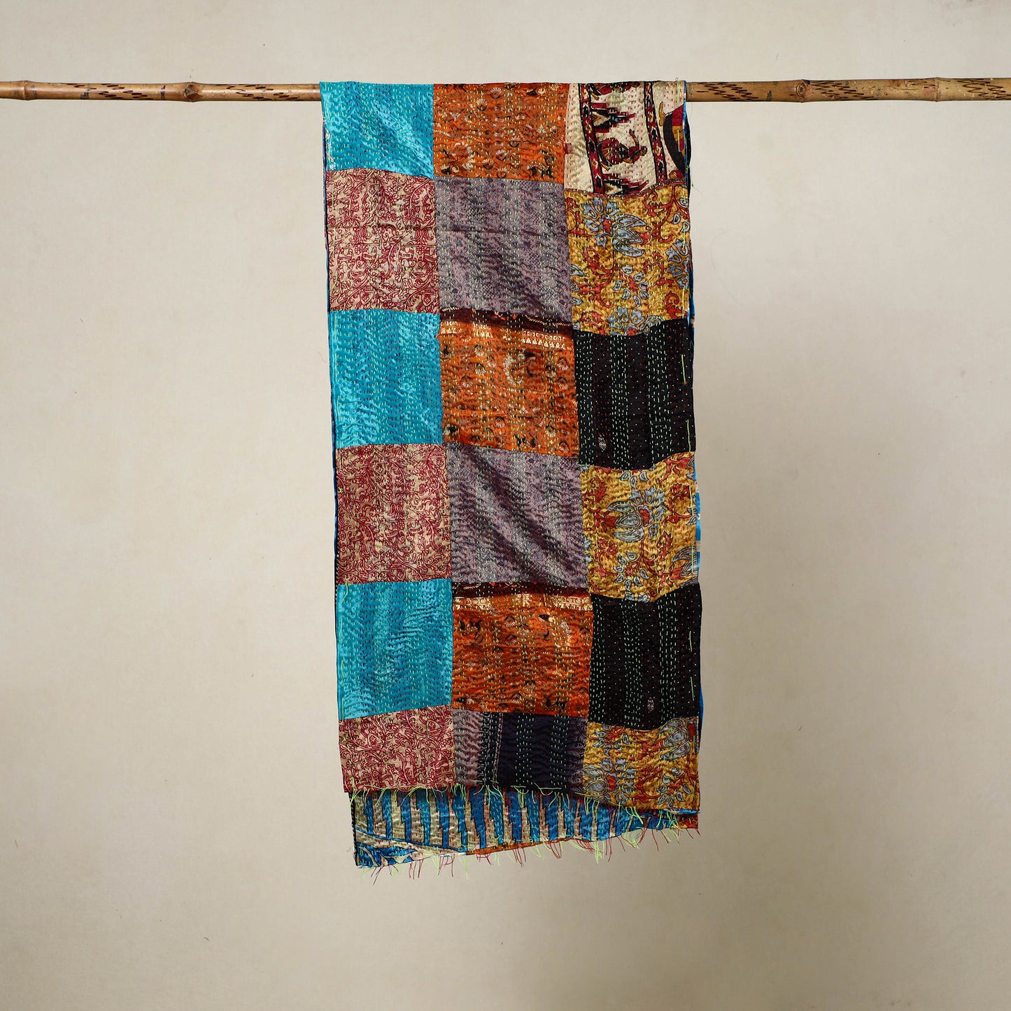 Multicolor - Reversible Patchwork Silk Bengal Kantha Stitch Stole 21