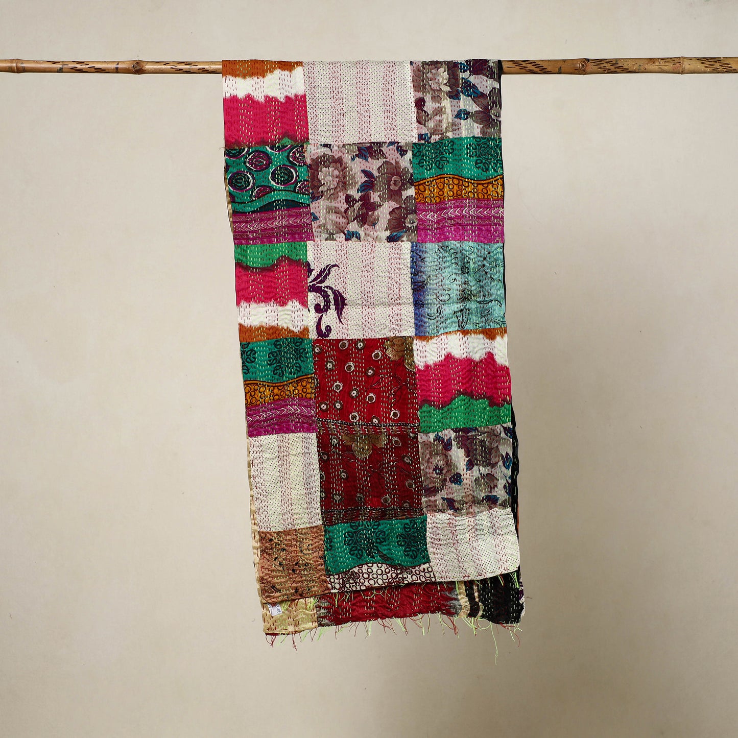 Multicolor - Reversible Patchwork Silk Bengal Kantha Stitch Stole 20