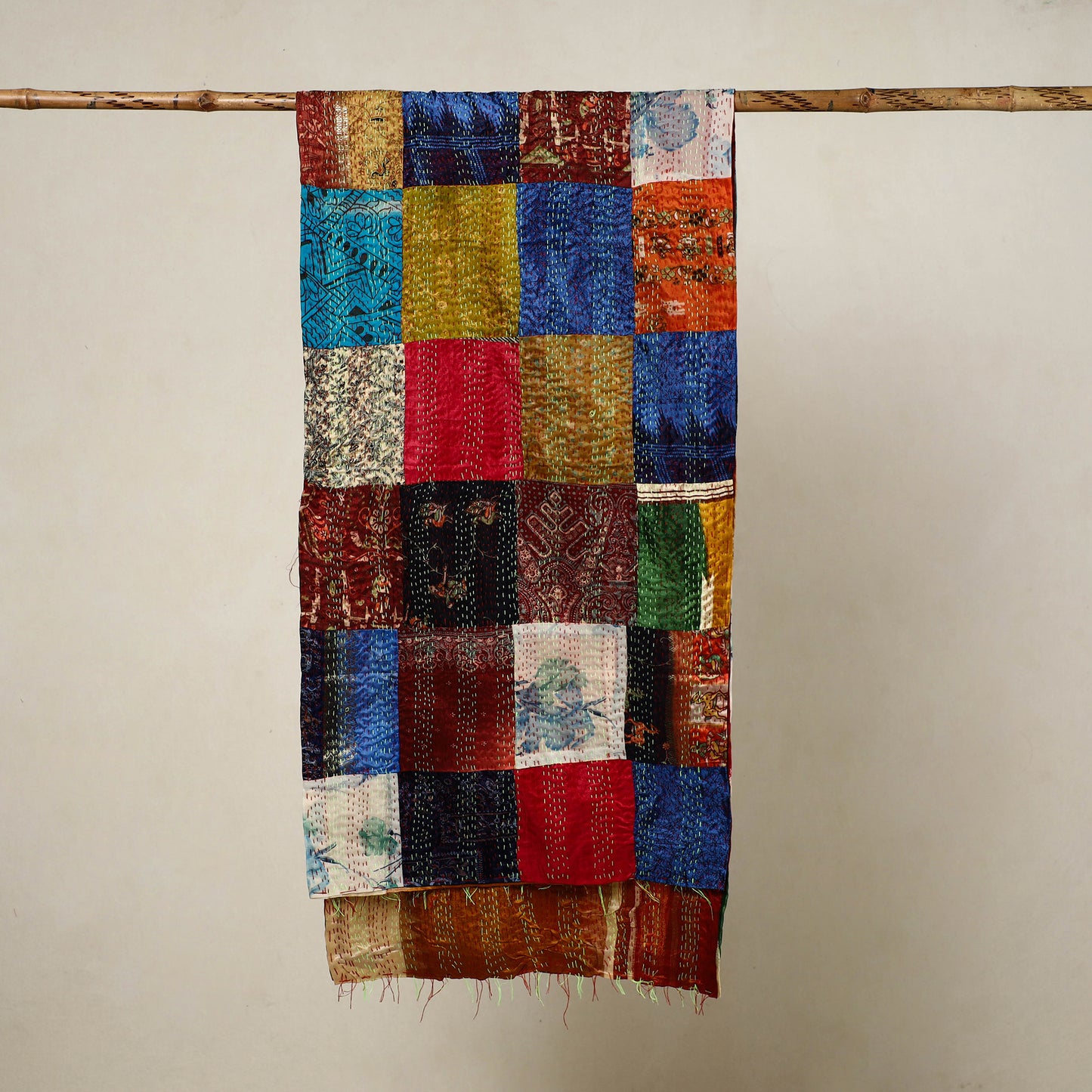 Multicolor - Reversible Patchwork Silk Bengal Kantha Stitch Stole 18