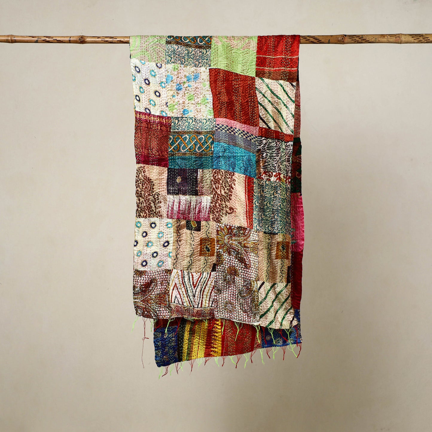 Multicolor - Reversible Patchwork Silk Bengal Kantha Stitch Stole 17