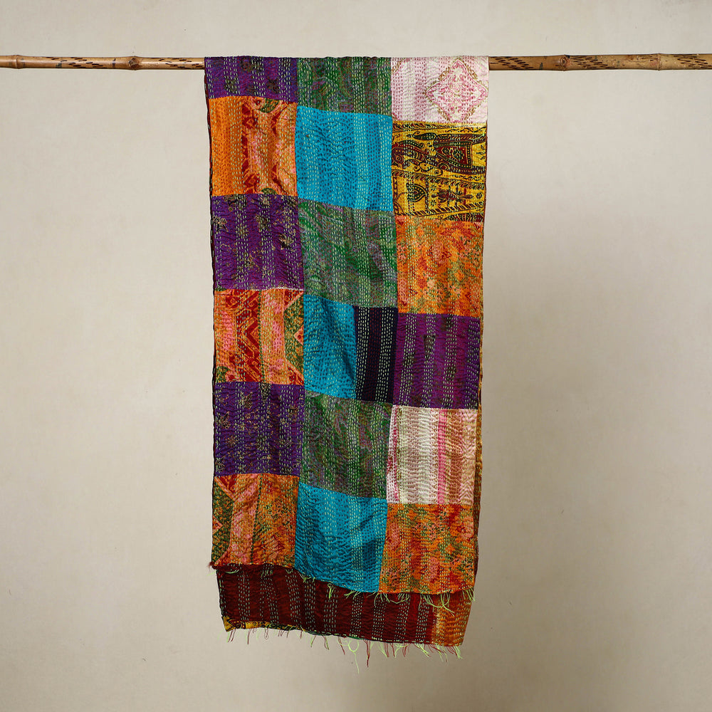 Multicolor - Reversible Patchwork Silk Bengal Kantha Stitch Stole 16