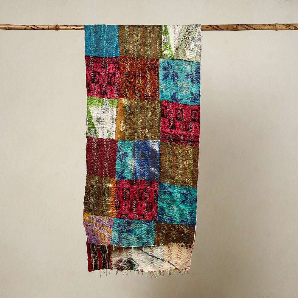 Multicolor - Reversible Patchwork Silk Bengal Kantha Stitch Stole 13