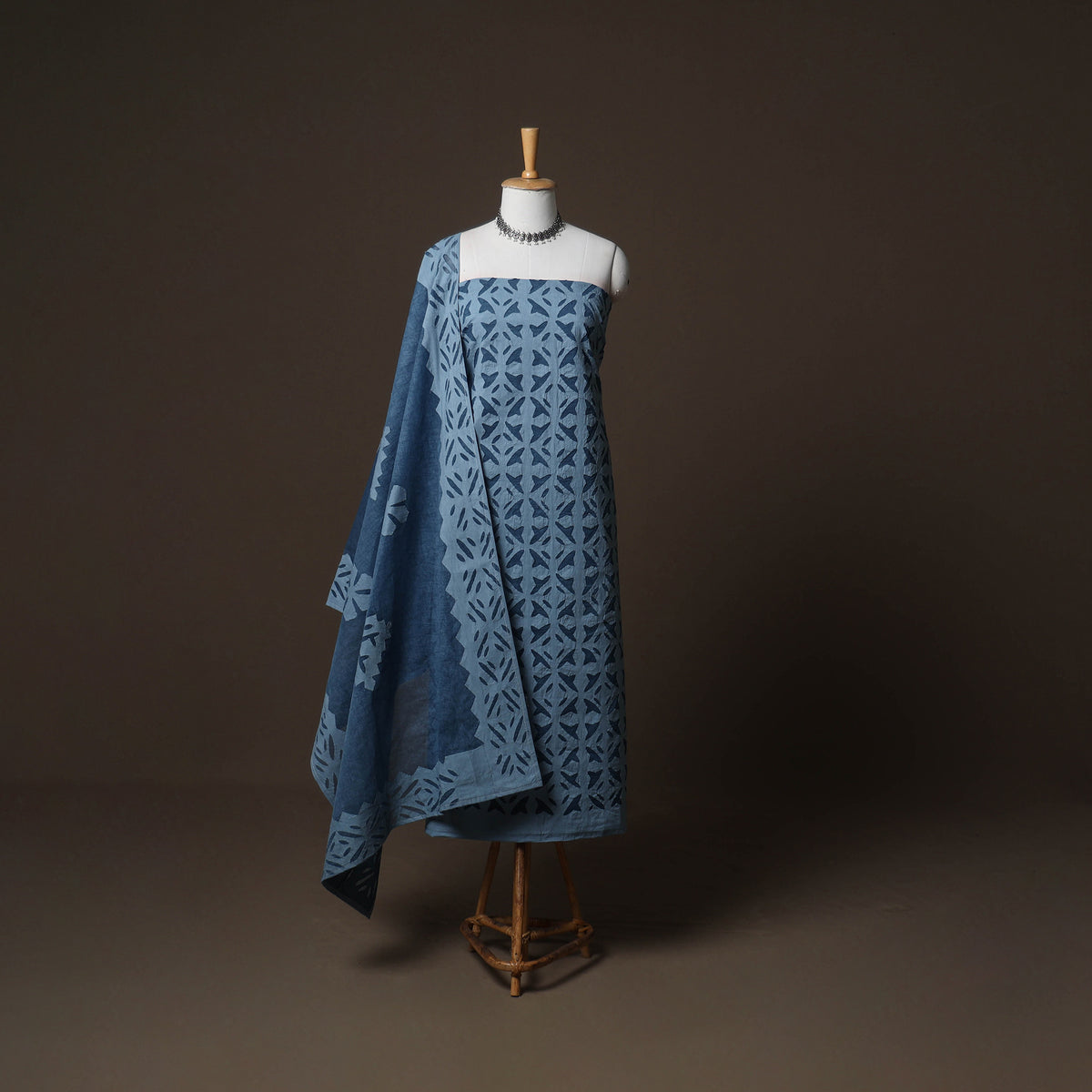 Applique Cutwork Cotton Unstitched Dress Material: Kurta, Bottom & Dupatta 03