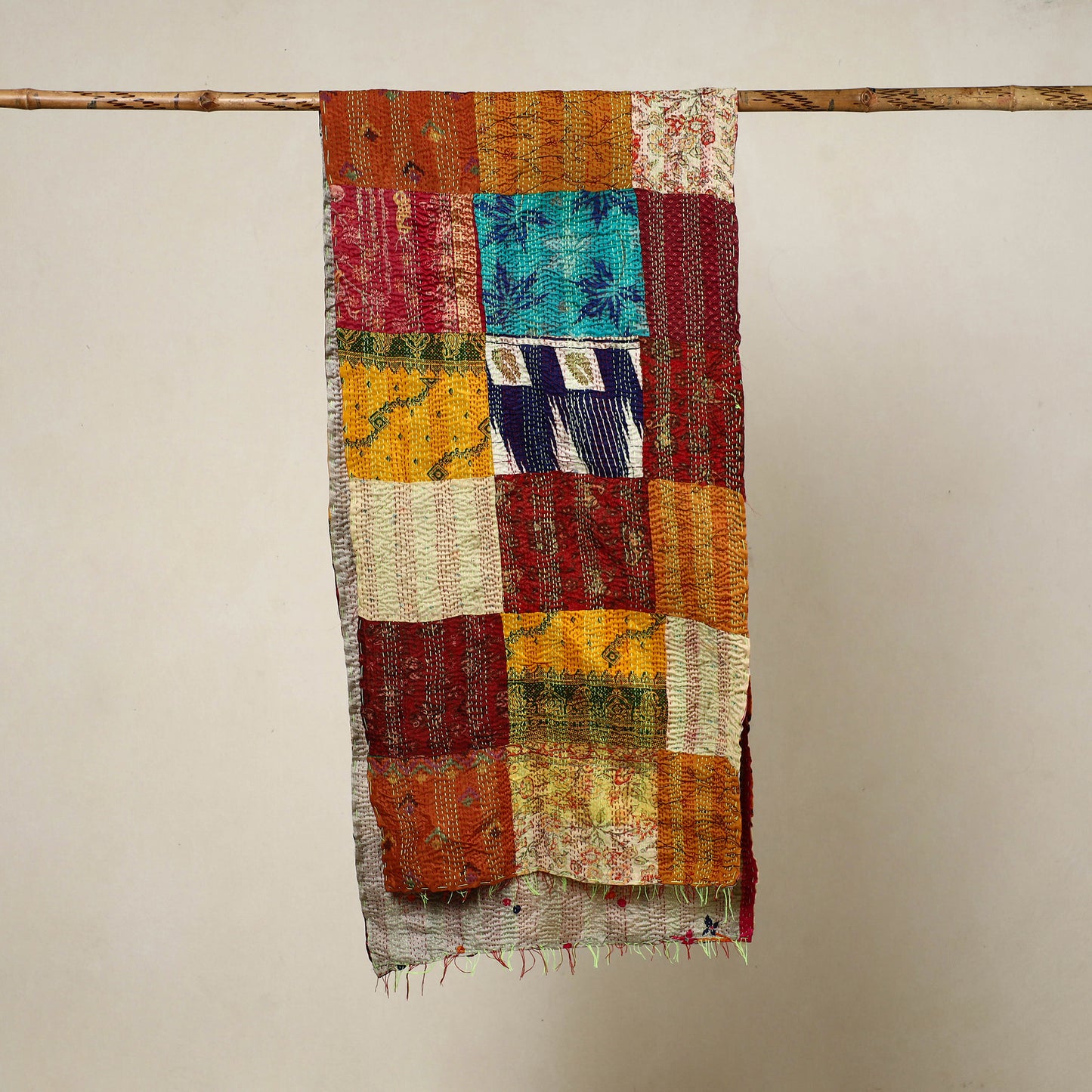 Multicolor - Reversible Patchwork Silk Bengal Kantha Stitch Stole 10