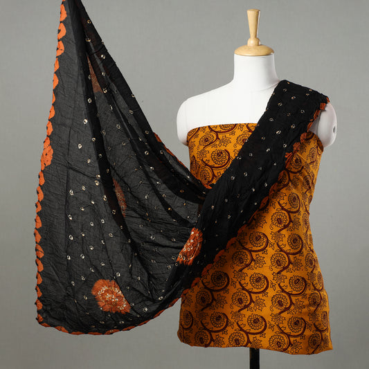 Orange - 2pc Bagh Block Printed Kantha Style Cotton Kurta with Bandhani Dupatta 77