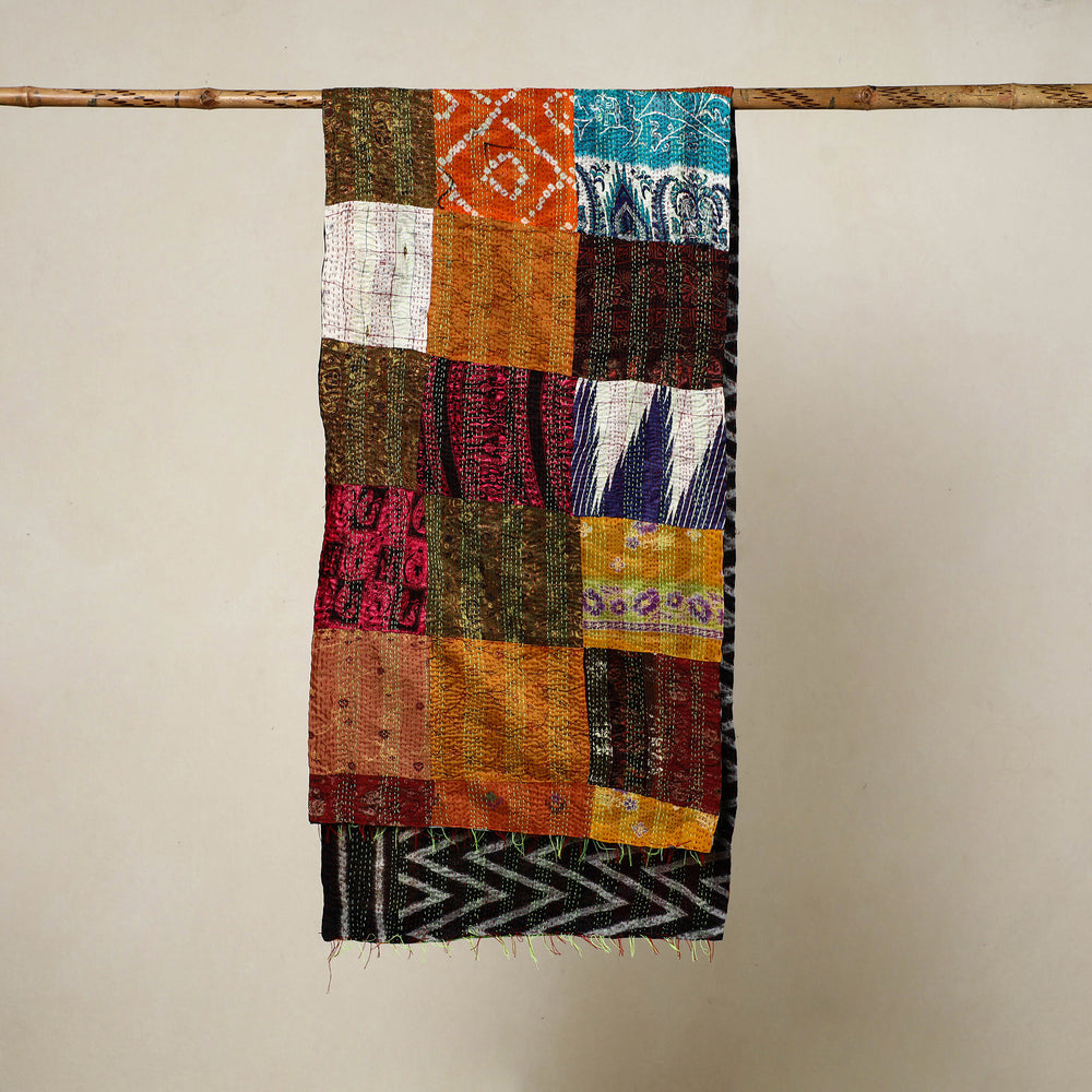 Multicolor - Reversible Patchwork Silk Bengal Kantha Stitch Stole 09