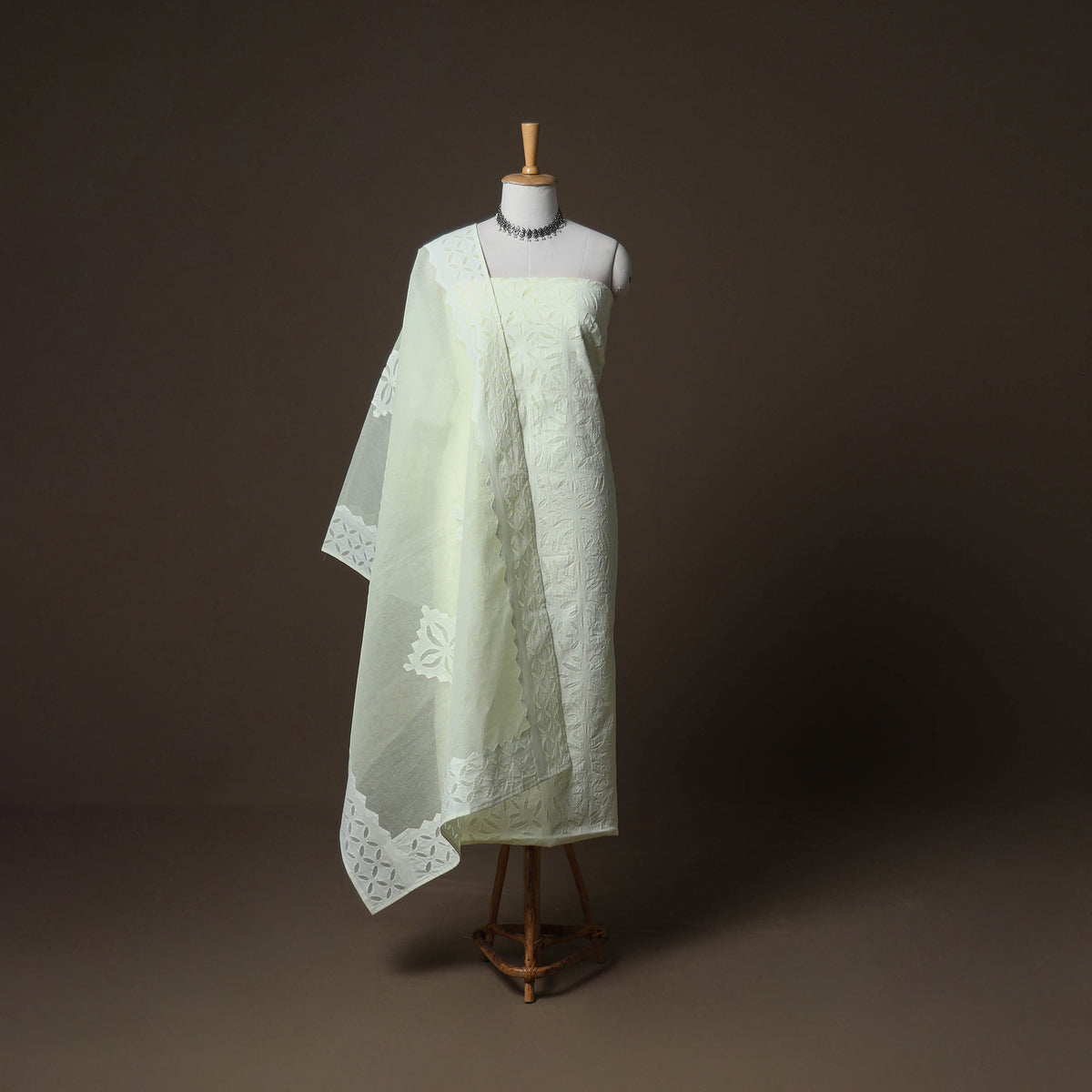 Applique Cutwork Cotton Unstitched Dress Material: Kurta, Bottom & Dupatta 04