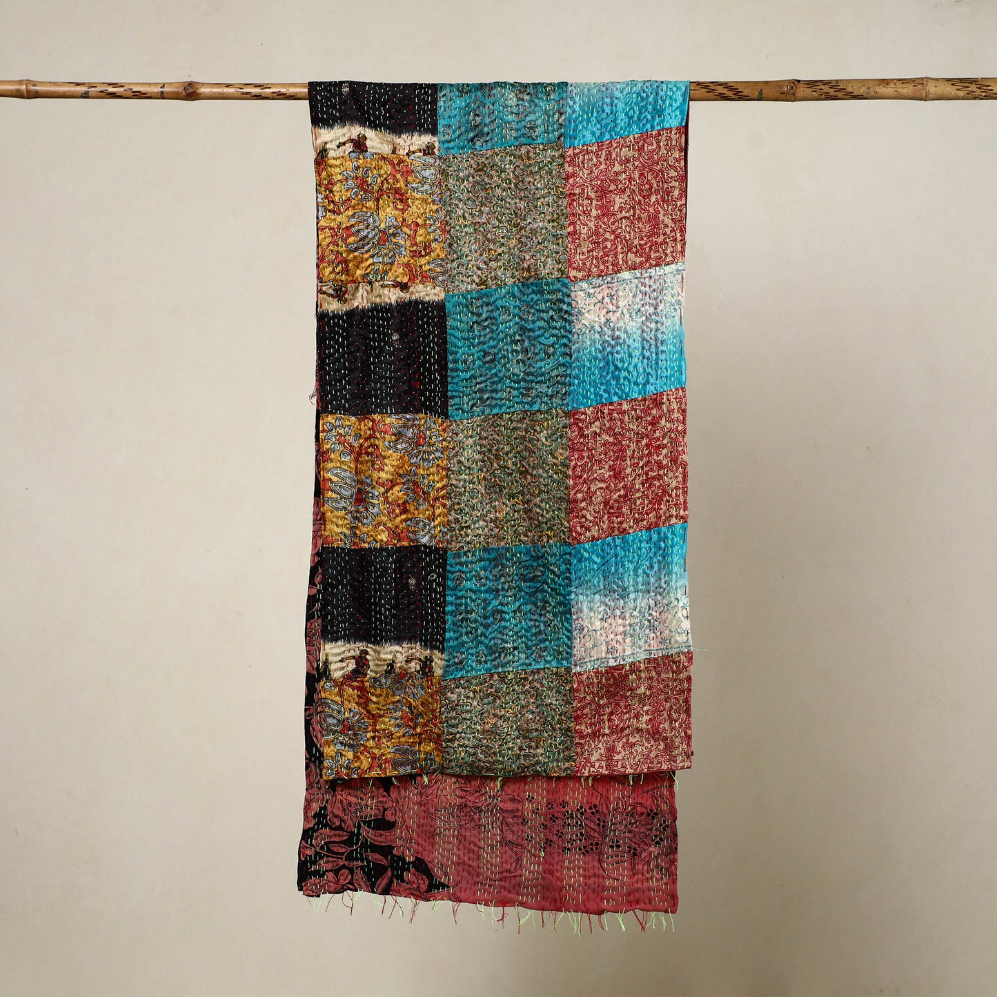 Multicolor - Reversible Patchwork Silk Bengal Kantha Stitch Stole 07