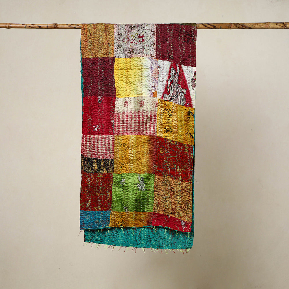 Multicolor - Reversible Patchwork Silk Bengal Kantha Stitch Stole 06