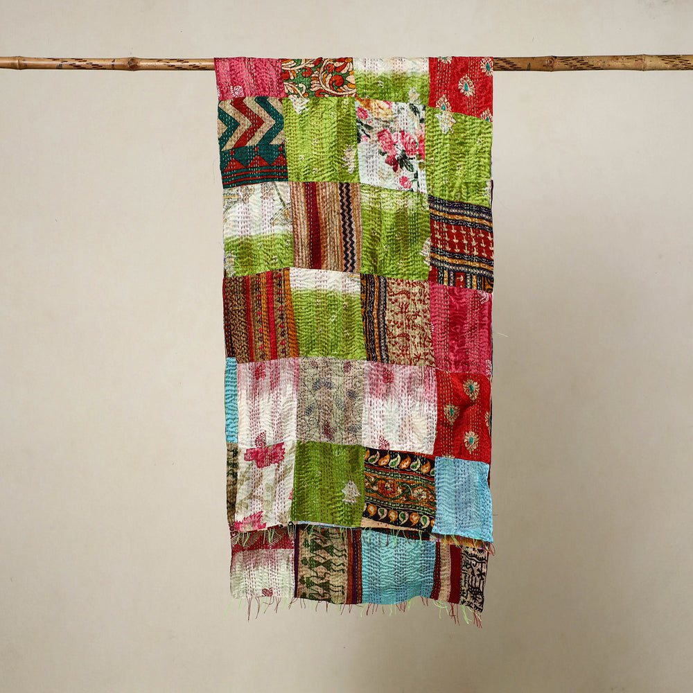 Multicolor - Reversible Patchwork Silk Bengal Kantha Stitch Stole 04