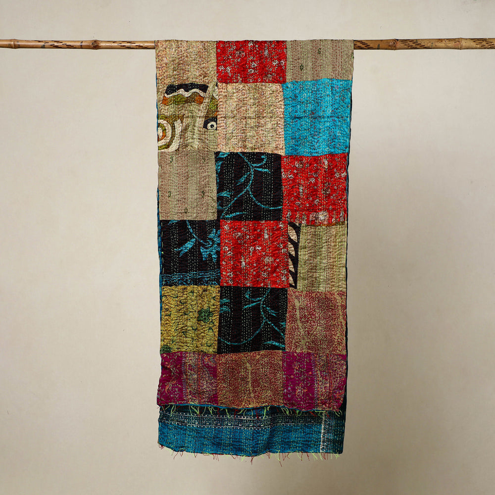 Multicolor - Reversible Patchwork Silk Bengal Kantha Stitch Stole 03