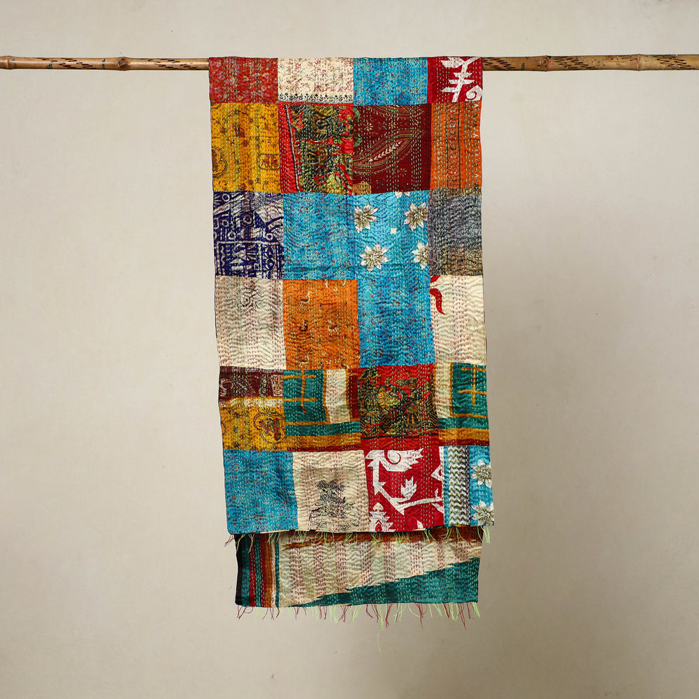 Multicolor - Reversible Patchwork Silk Bengal Kantha Stitch Stole 02