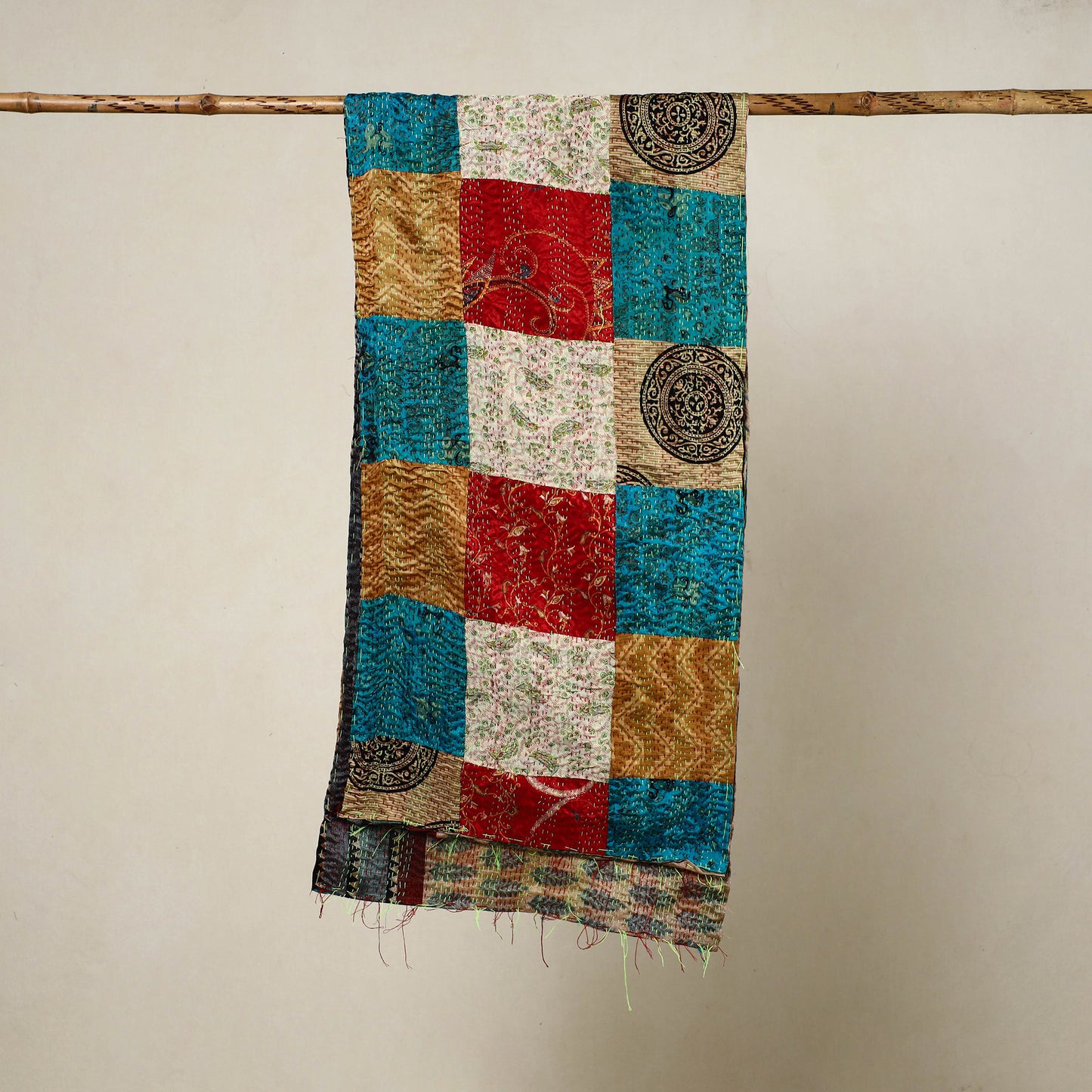 Multicolor - Reversible Patchwork Silk Bengal Kantha Stitch Stole 01