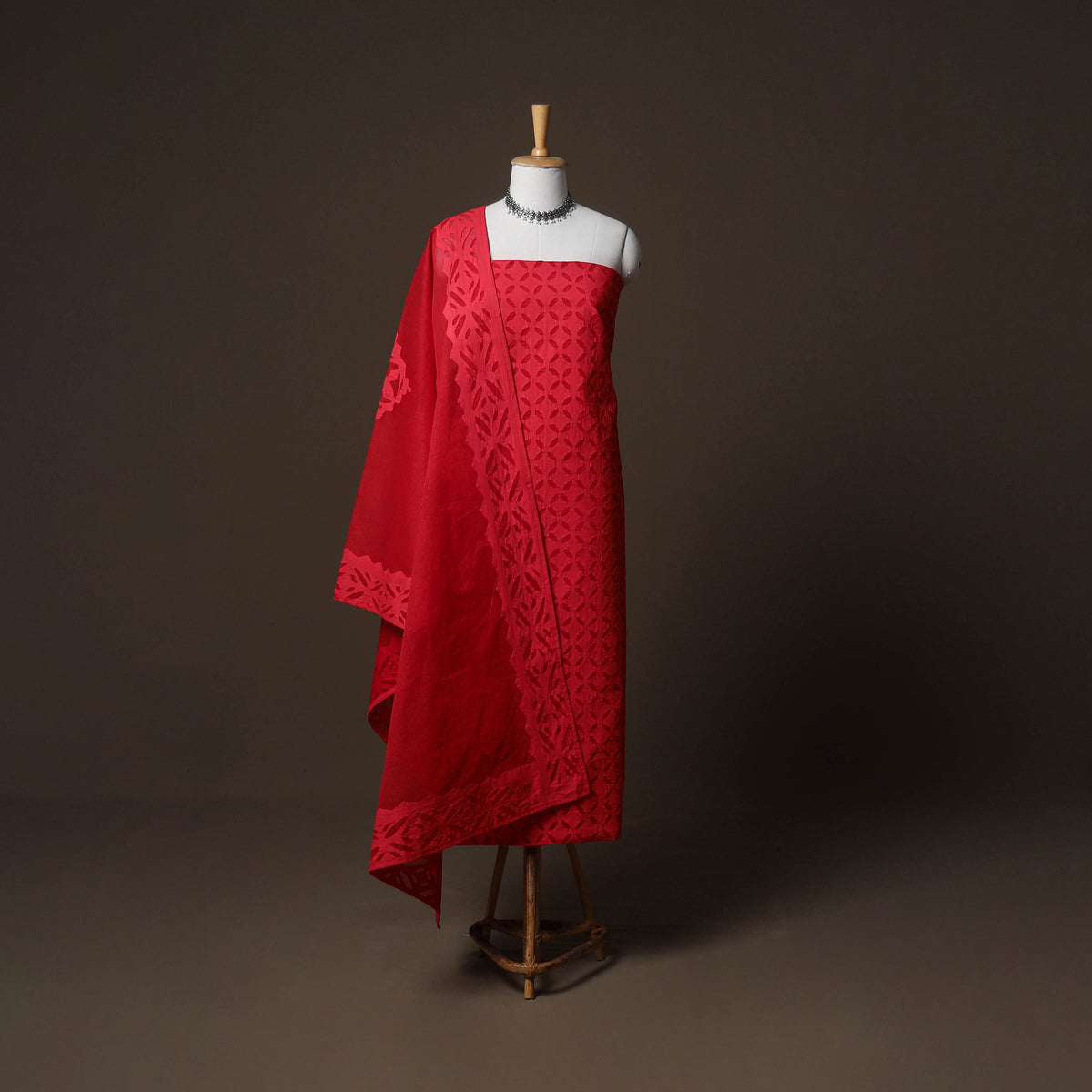 Applique Cutwork Cotton Unstitched Dress Material: Kurta, Bottom & Dupatta  06
