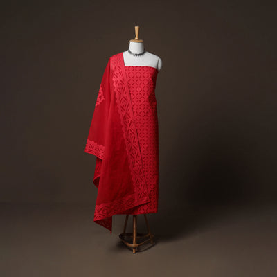 Applique Cutwork Cotton Unstitched Dress Material: Kurta, Bottom & Dupatta  06