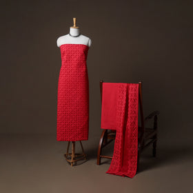 Applique Cutwork Cotton Unstitched Dress Material: Kurta, Bottom & Dupatta  06