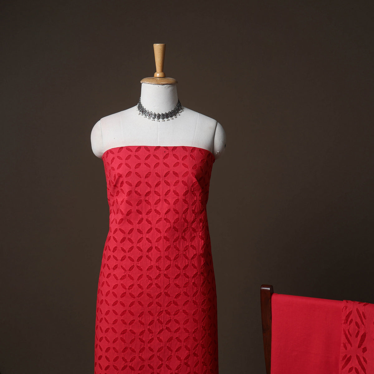 Applique Cutwork Cotton Unstitched Dress Material: Kurta, Bottom & Dupatta  06
