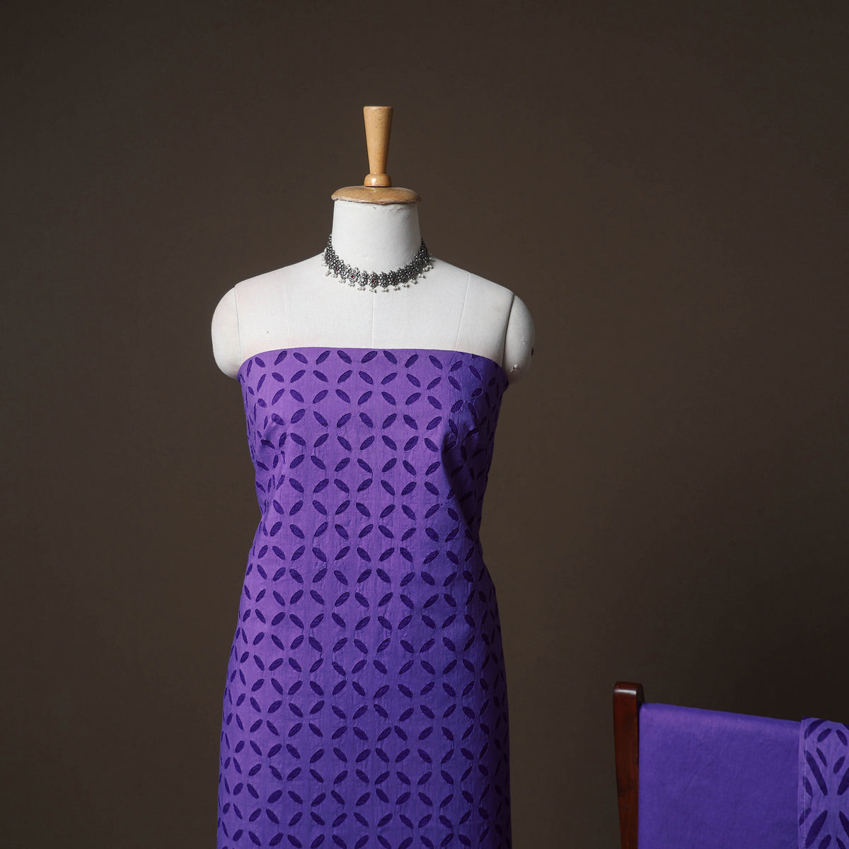 Applique Cutwork Cotton Unstitched Dress Material: Kurta, Bottom & Dupatta 07