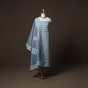 Grey - Applique Cutwork Cotton Unstitched Dress Material: Kurta, Bottom & Dupatta 08