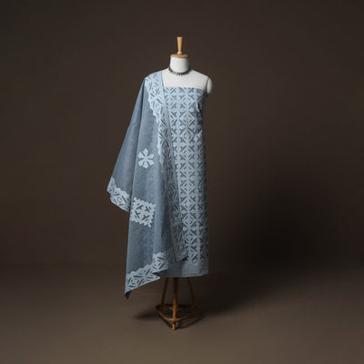 Applique Cutwork Cotton Unstitched Dress Material: Kurta, Bottom & Dupatta 08