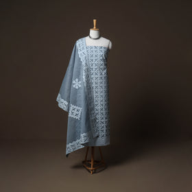 Applique Cutwork Cotton Unstitched Dress Material: Kurta, Bottom & Dupatta 08