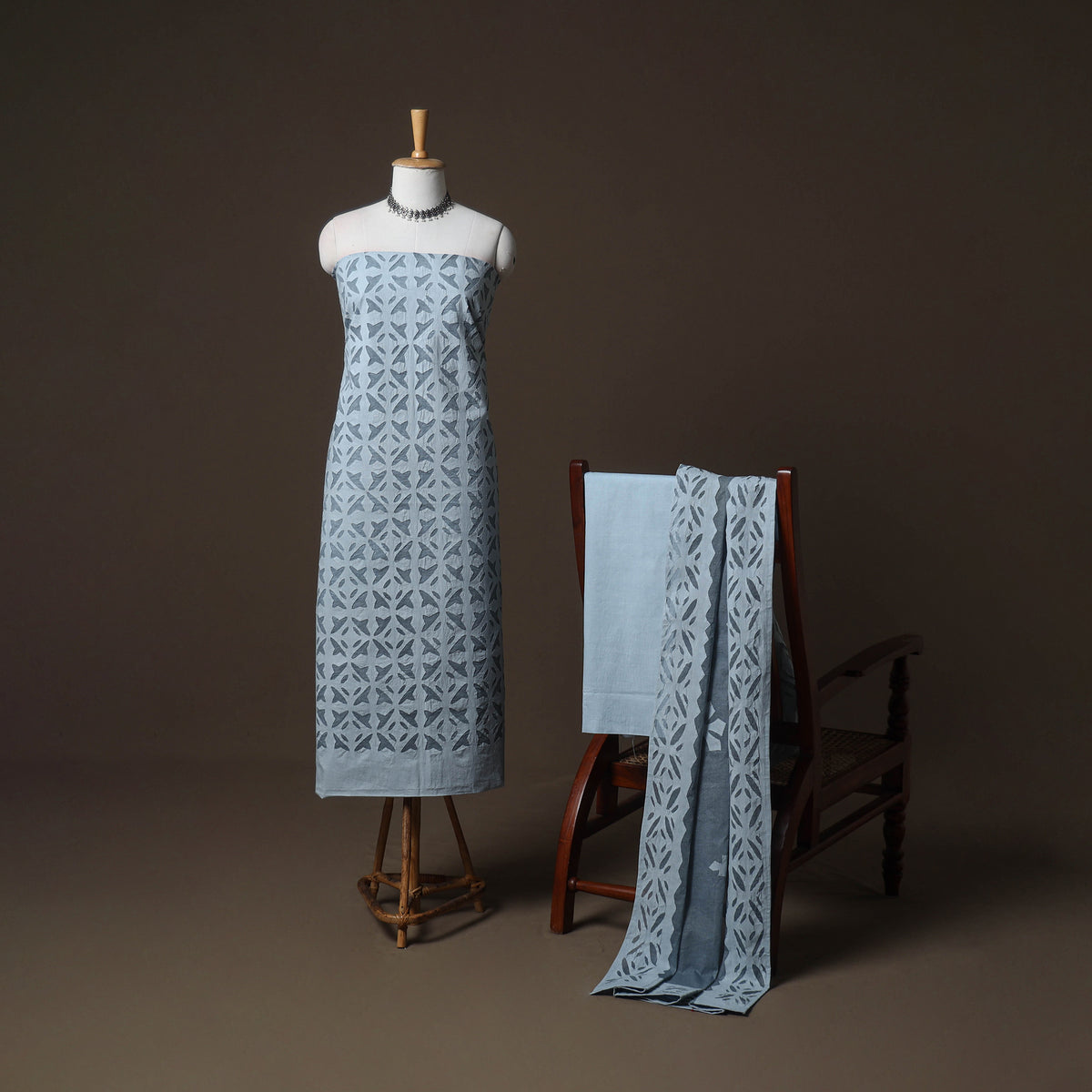 Applique Cutwork Cotton Unstitched Dress Material: Kurta, Bottom & Dupatta 08