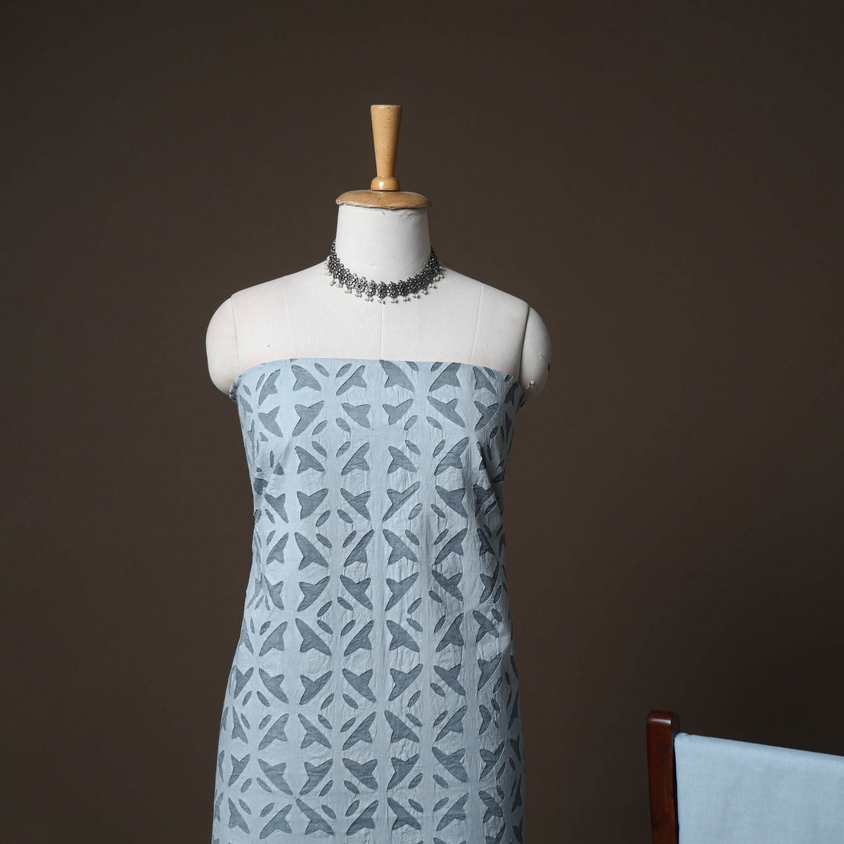 Applique Cutwork Cotton Unstitched Dress Material: Kurta, Bottom & Dupatta 08