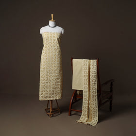 Applique Cutwork Cotton Unstitched Dress Material: Kurta, Bottom & Dupatta 09