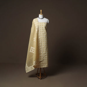 Yellow - Applique Cutwork Cotton Unstitched Dress Material: Kurta, Bottom & Dupatta 09