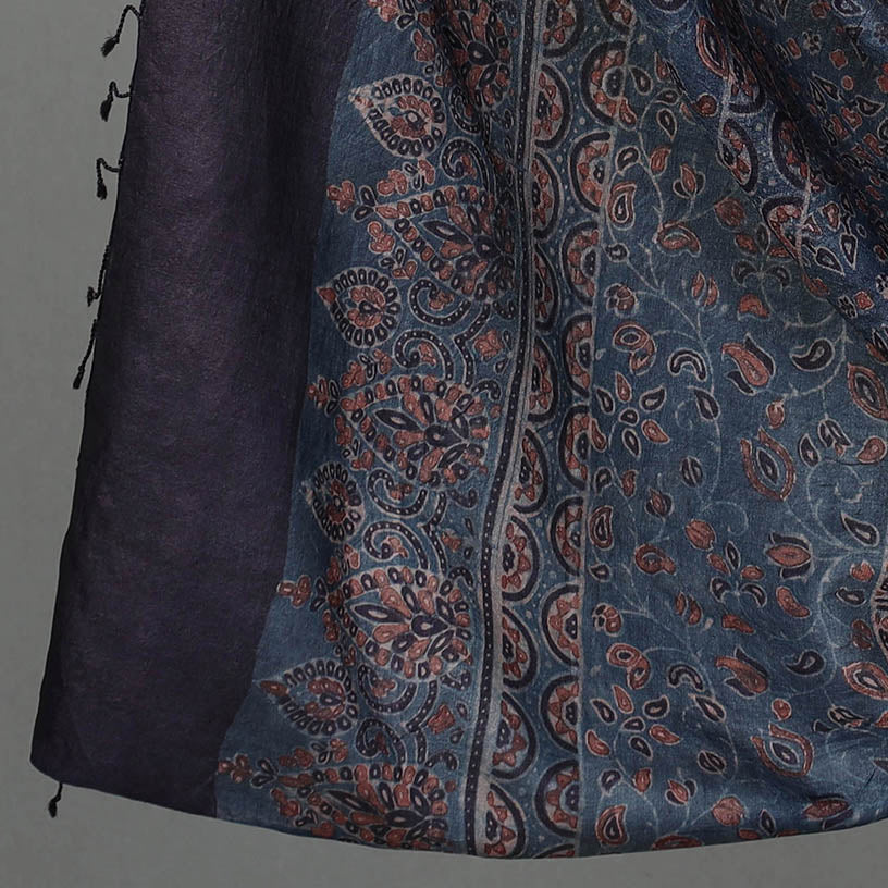 Blue - 2pc Block Print Tussar Silk Ajrakh Dress Material 23