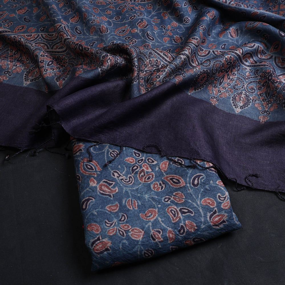 Blue - 2pc Block Print Tussar Silk Ajrakh Dress Material 23