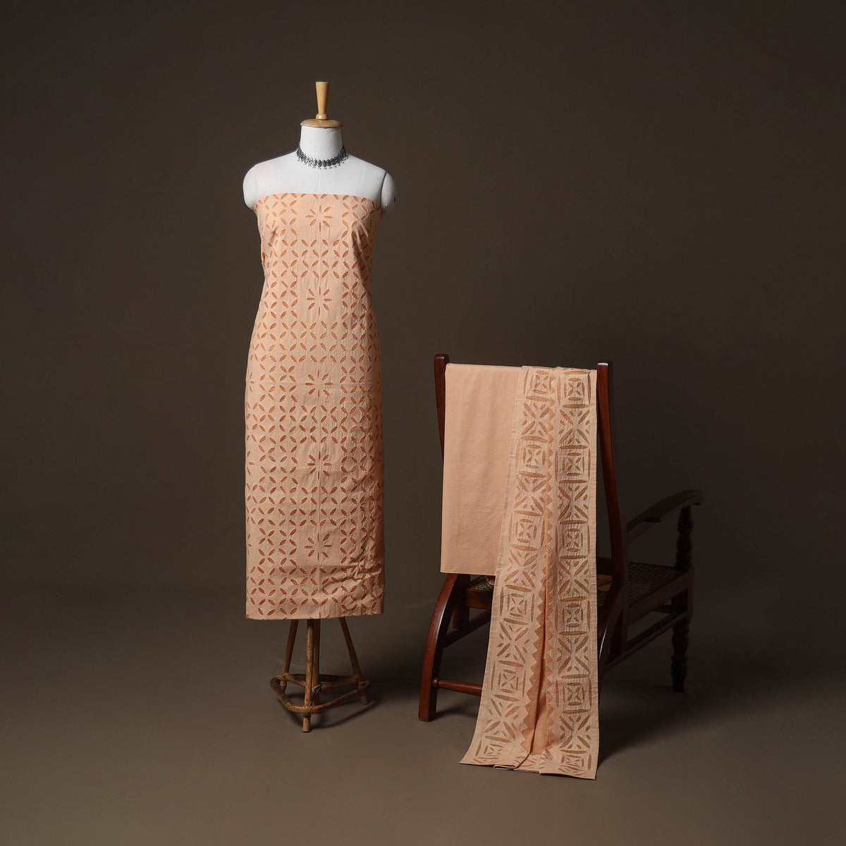 Applique Cutwork Cotton Unstitched Dress Material: Kurta, Bottom & Dupatta 12