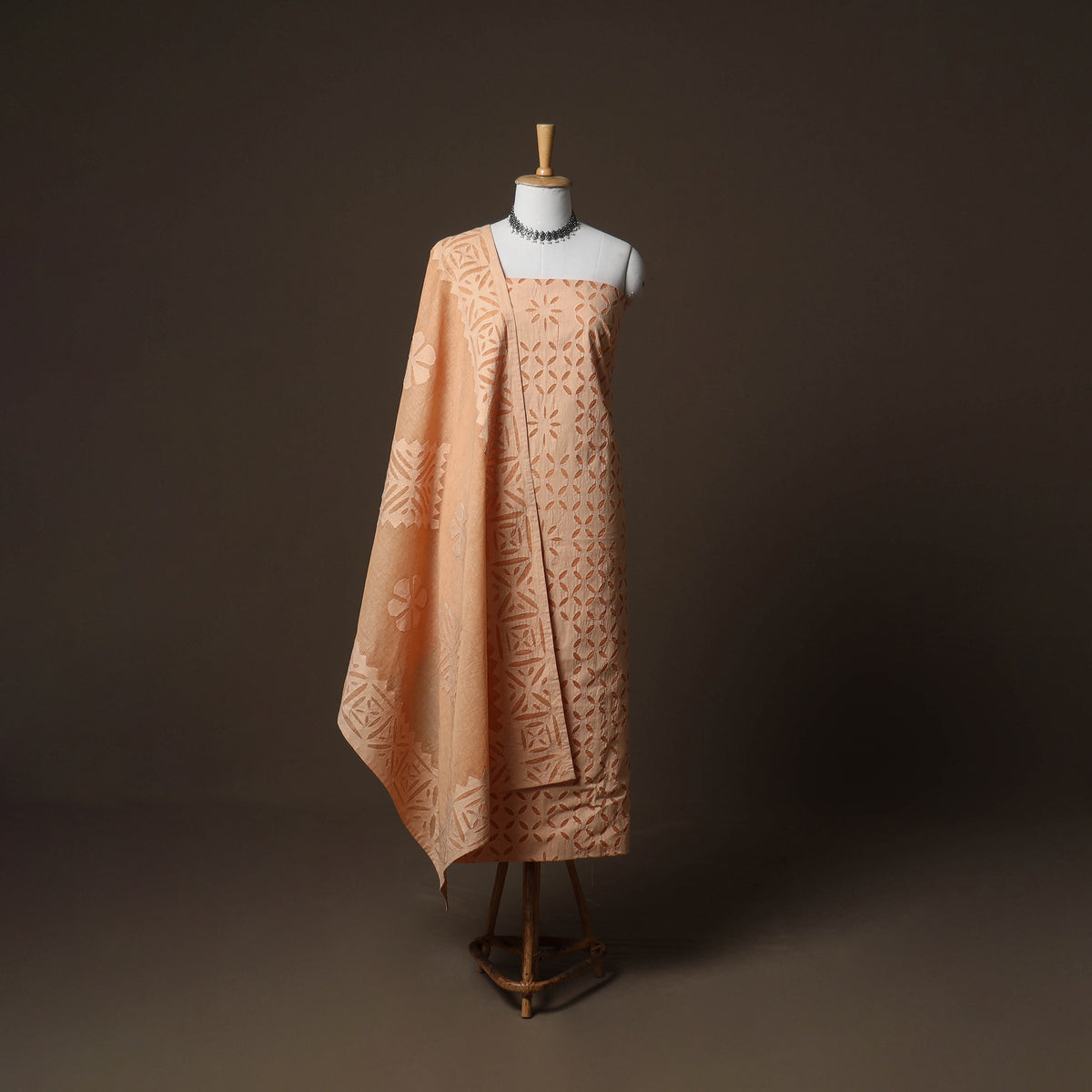 Applique Cutwork Cotton Unstitched Dress Material: Kurta, Bottom & Dupatta 12