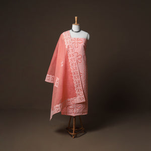 Pink - Applique Cutwork Cotton Unstitched Dress Material: Kurta, Bottom & Dupatta 13