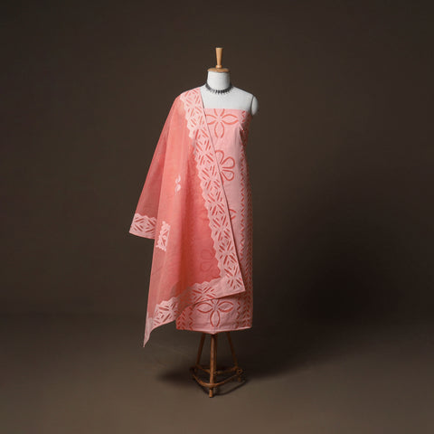 Pink - Applique Cutwork Cotton Unstitched Dress Material: Kurta, Bottom & Dupatta 13