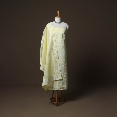 Yellow - Applique Cutwork Cotton Unstitched Dress Material: Kurta, Bottom & Dupatta 14