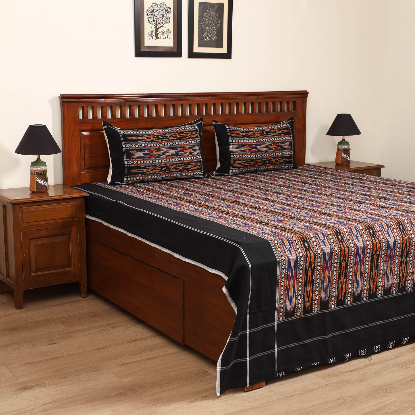 Black - Pochampally Dabi Ikat Cotton Double Bedsheet Set (108 x 90 in) 01