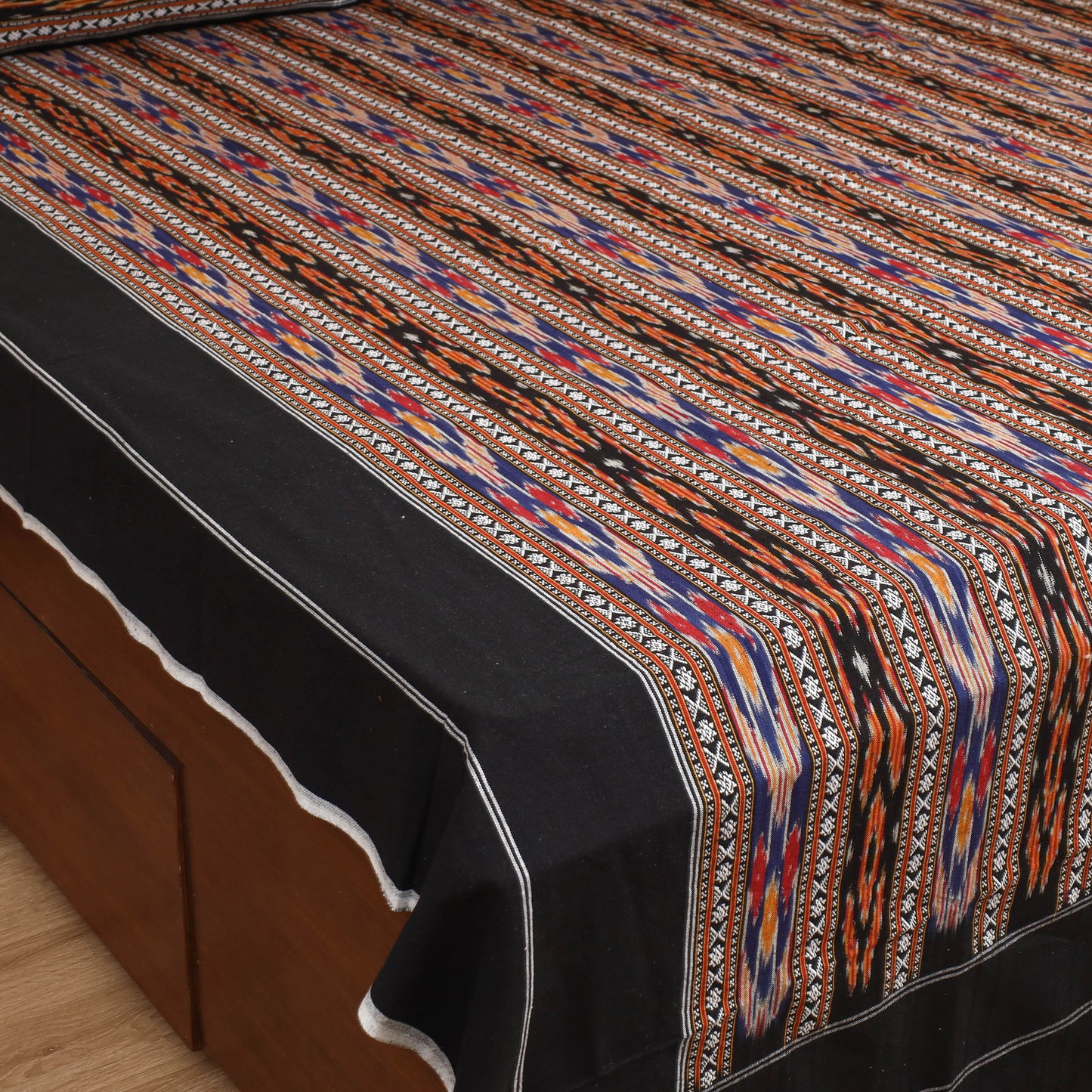 Black - Pochampally Dabi Ikat Cotton Double Bedsheet Set (108 x 90 in) 01