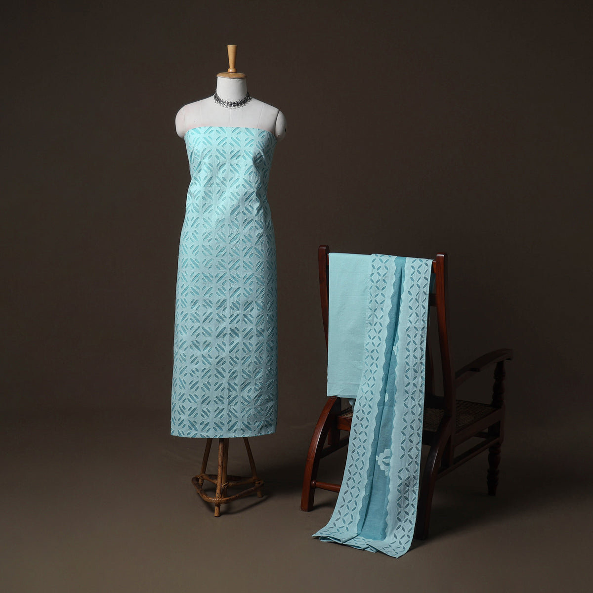 Applique Cutwork Cotton Unstitched Dress Material: Kurta, Bottom & Dupatta 15