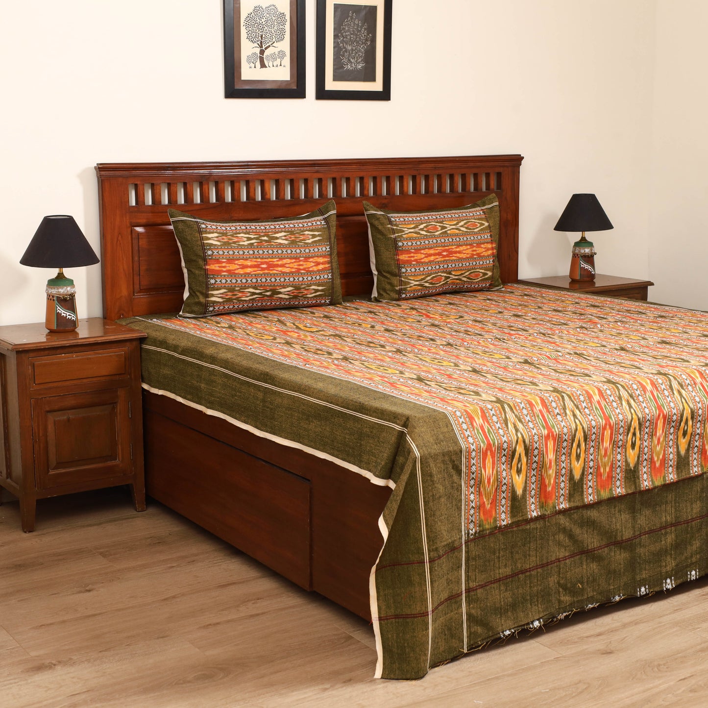 Green - Pochampally Dabi Ikat Cotton Double Bedsheet Set (108 x 90 in) 02