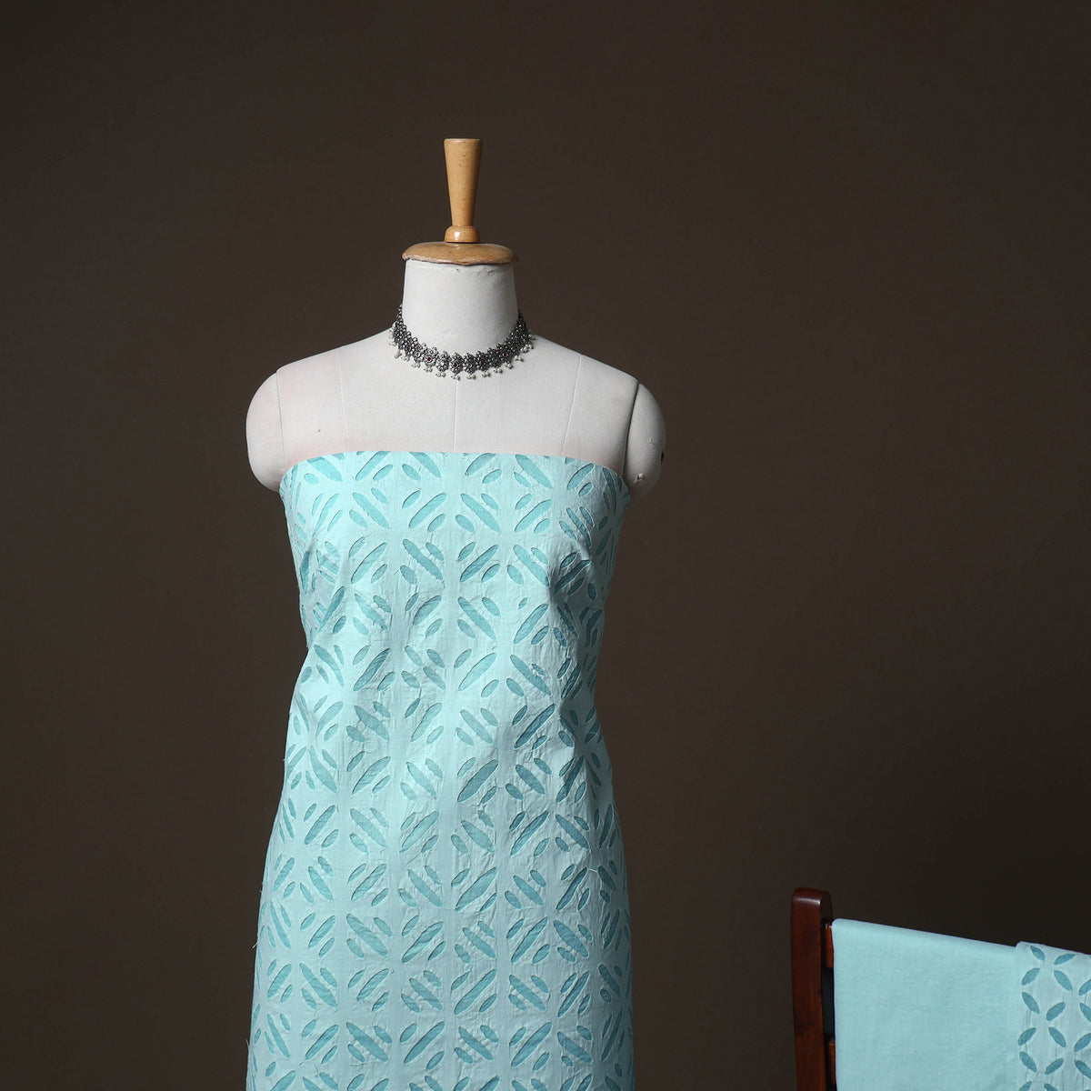 Applique Cutwork Cotton Unstitched Dress Material: Kurta, Bottom & Dupatta 15