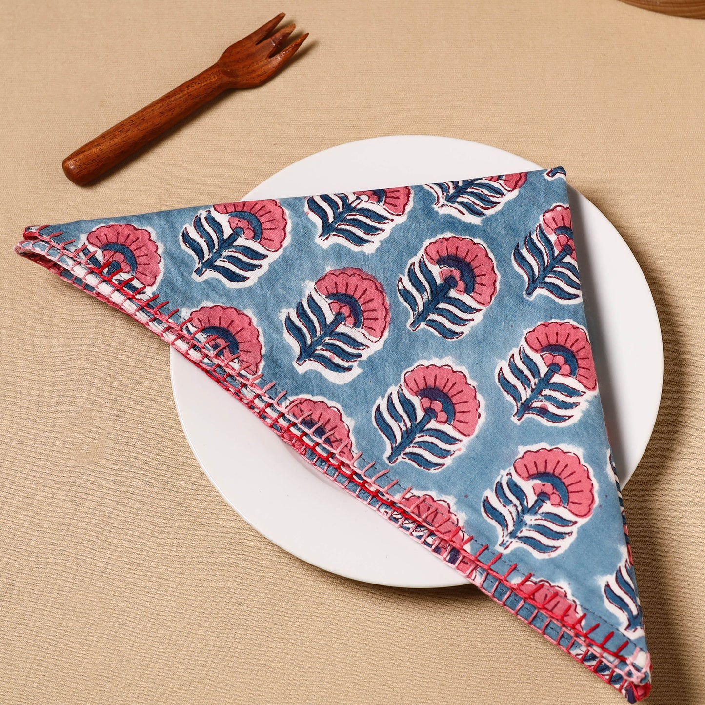 Floral Block Print Cotton Hand Embroidery Table Napkin 05