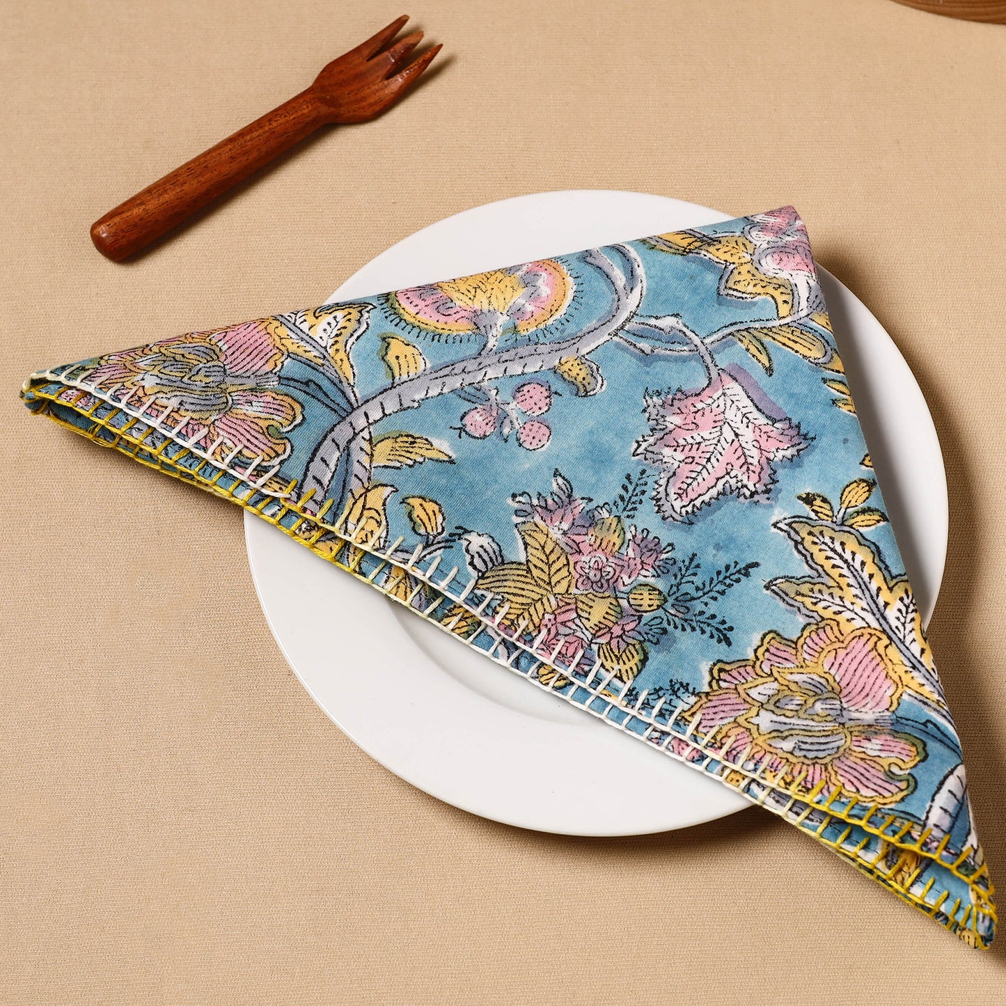 Floral Block Print Cotton Hand Embroidery Table Napkin 06