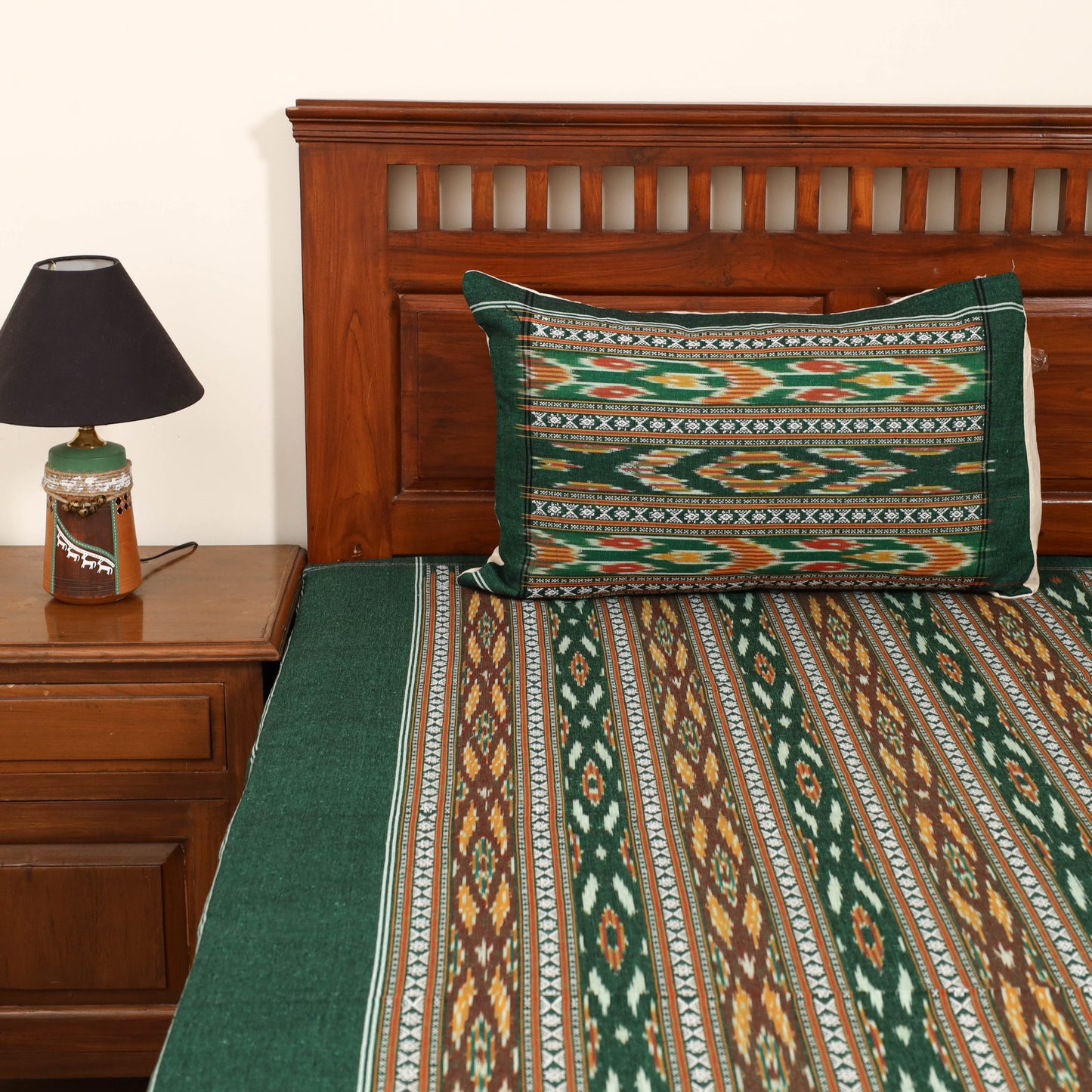Green - Pochampally Dabi Ikat Cotton Double Bedsheet Set (108 x 90 in) 03