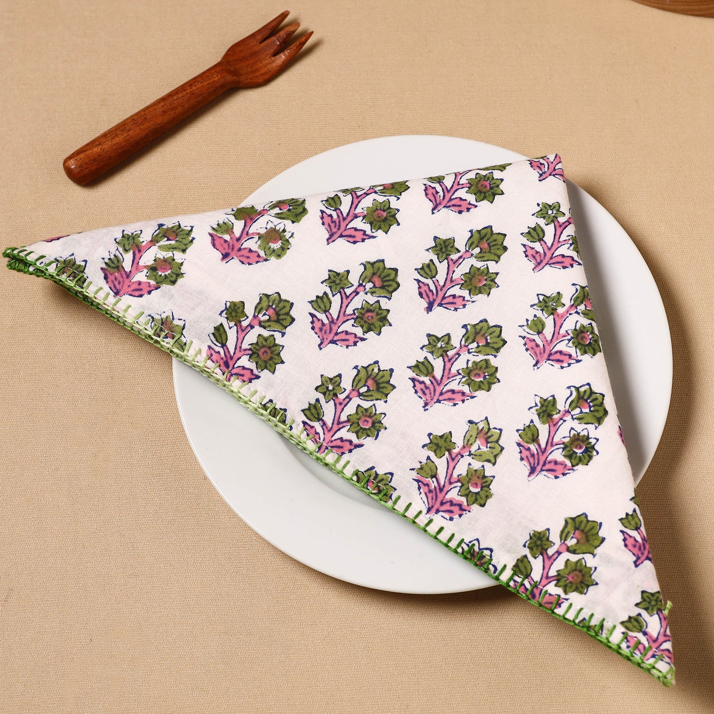 Floral Block Print Cotton Hand Embroidery Table Napkin 07