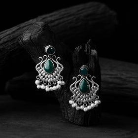 Green - saanjh bela lotus oxidised earrings - handcrafted