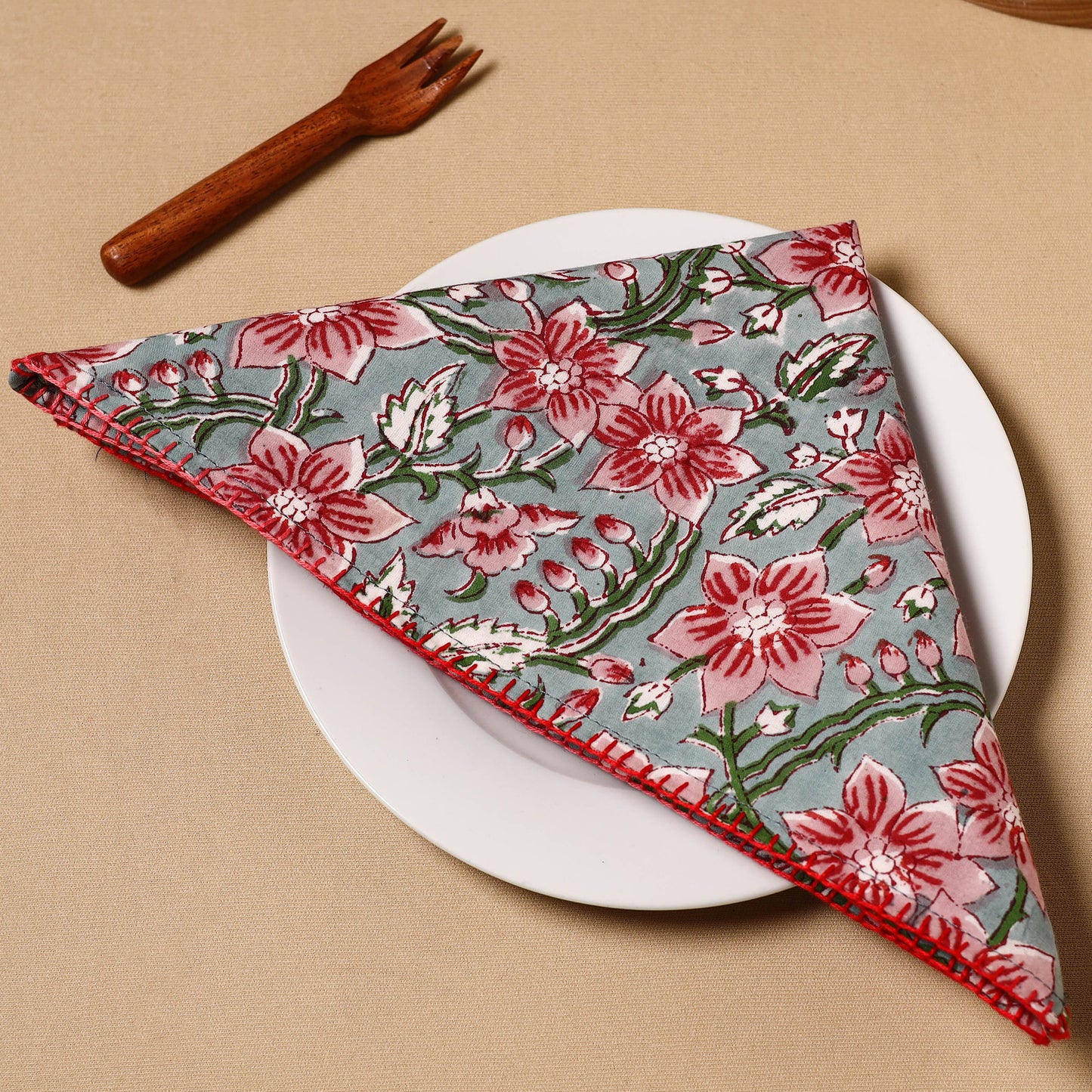 Floral Block Print Cotton Hand Embroidery Table Napkin 09