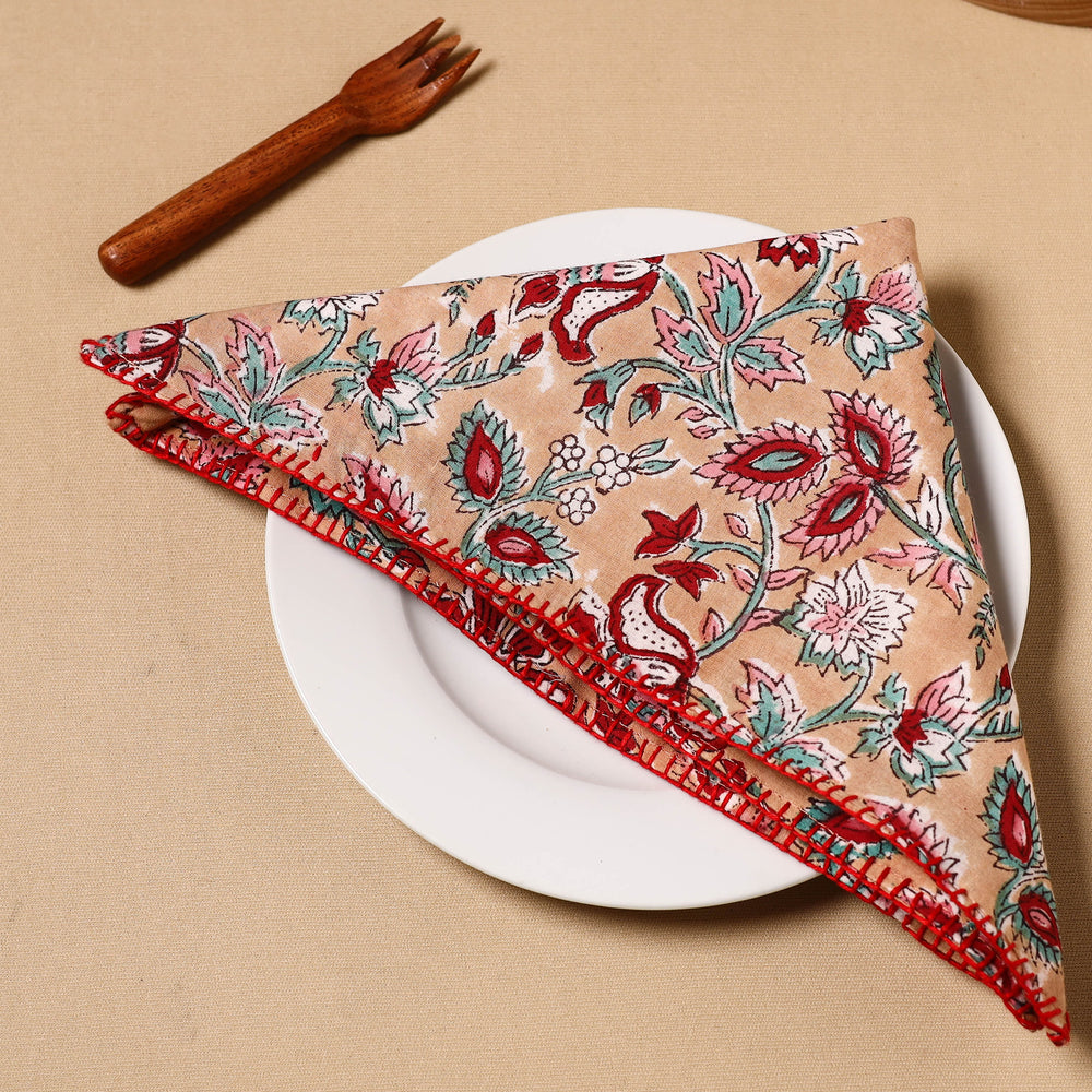 Floral Block Print Cotton Hand Embroidery Table Napkin 13