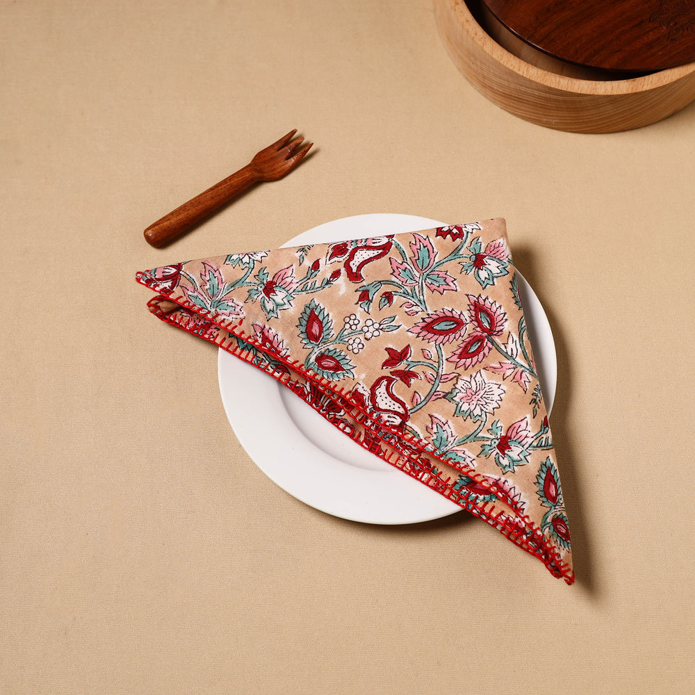 Floral Block Print Cotton Hand Embroidery Table Napkin 13